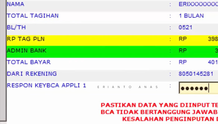 klikbca total tagihan pln