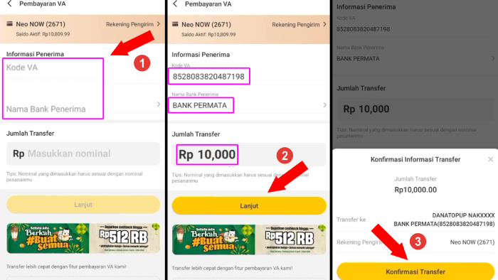 masukan nomor rekening dana di neo dan konfirmasi transfernya