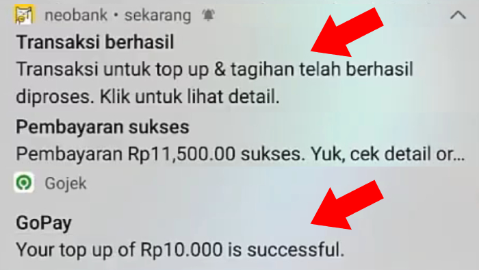 notifikasi transaksi berhasil dari neobank ke gopay