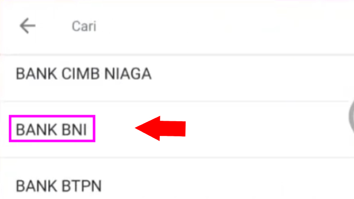 pilih bank bni dari daftar bank yang ada di ovo