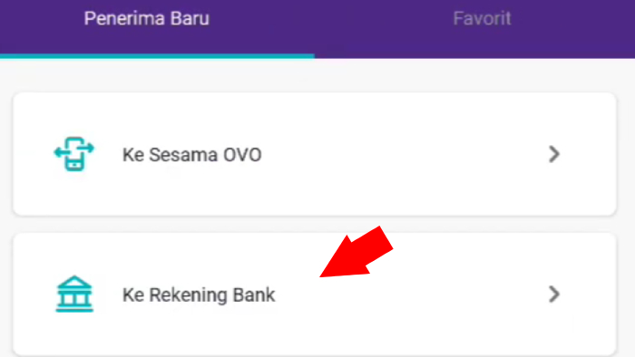 pilih penerima baru opsi ke rekening bank