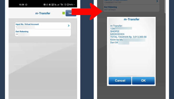 bca mobile input no virtual account - total tagihan