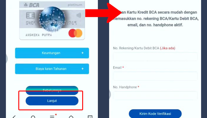 bca mobile lanjut - no rekening email no handphone