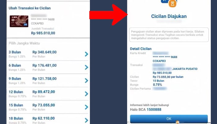 bca mobile pilih tenor cicilan - cicilan diajukan
