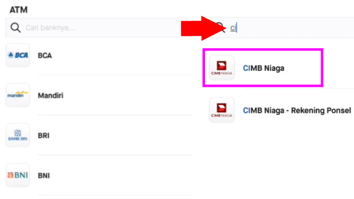 cari bank cimb niaga dari daftar atm gopay