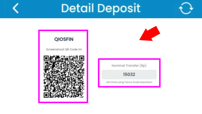 detail deposit qiosfin screenshoot qr code dan nominal transfer dengan kode unik