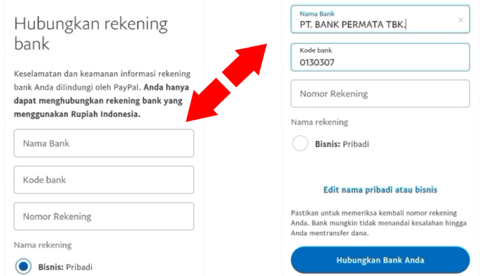 hubungkan rekening bank agar bisa menarik saldo paypal