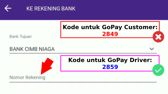 input nomor rekening dengan kode gopay driver yang tepat 2859