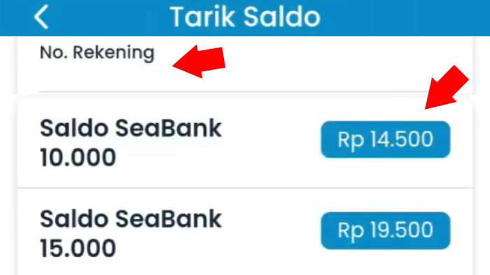 input nomor rekening untuk menarik saldo dan tap saldo seabank dengan nilai yang diinginkan