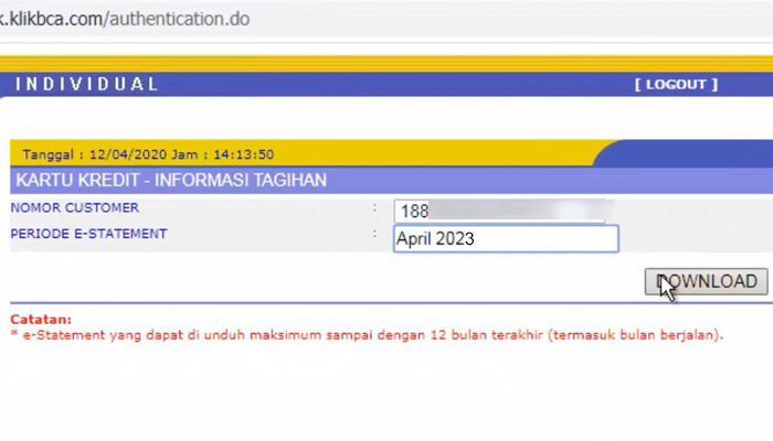 klikbca nomor customer dan periode estatement