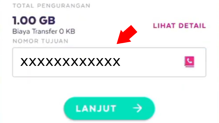 masukan nomor tujuan dan tap tombol lanjut axisnet