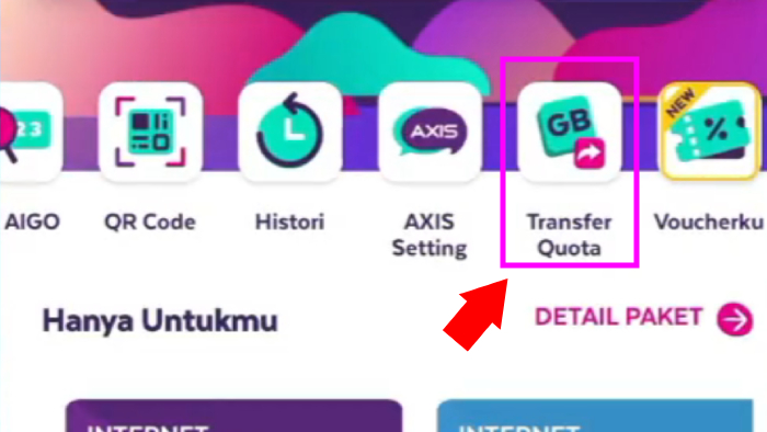 menu transfer quota pada aplikasi axisnet
