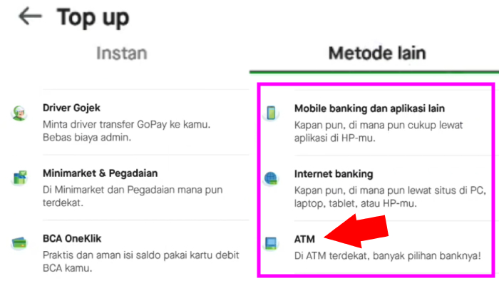 metode lain top up gopay tap menu atm
