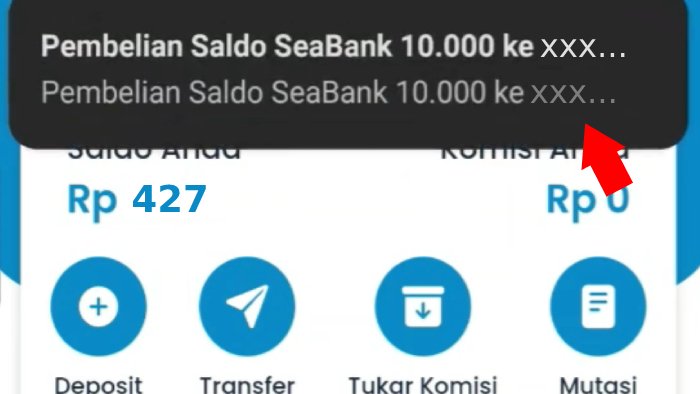 notifikasi masuk pembelian saldo seabank 10000