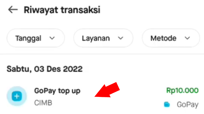 riwayat transaksi GoPay top up