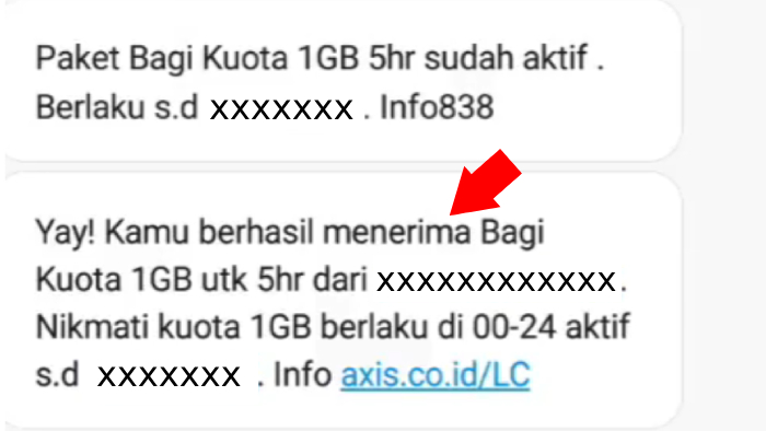 sms yang masuk ke nomor penerima transfer kuota axis