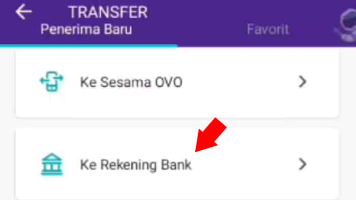tap opsi ke rekening bank untuk transfer