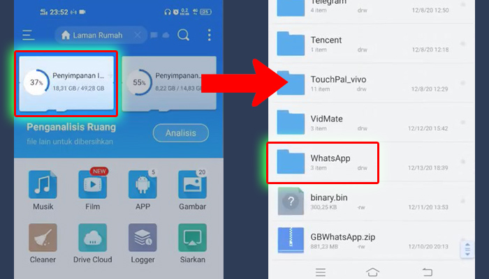 file manager penyimpanan internal - whatsapp