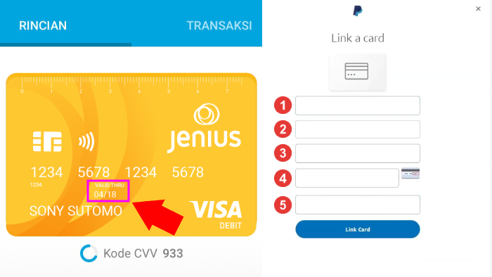 kolom isian link a card paypal dan kartu e-card jenius