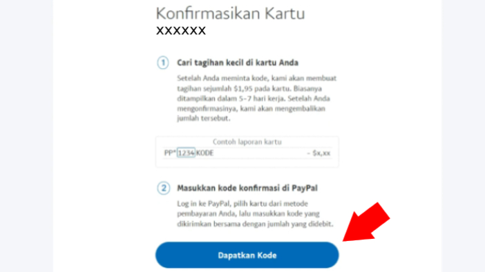 konfirmasikan kartu dengan meminta kode pada paypal