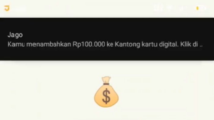 notifikasi uang masuk ke kantong kartu digital