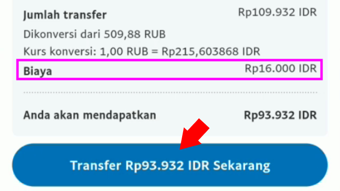 perhatikan ada biaya transfer dan tap tombol transfer