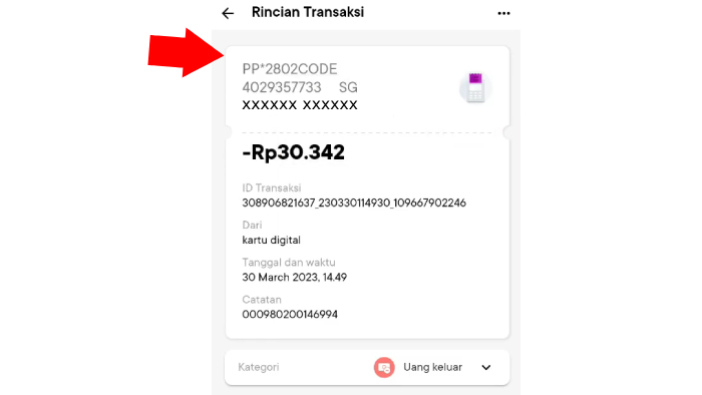 rincian transaksi yang berisi kode dari paypal