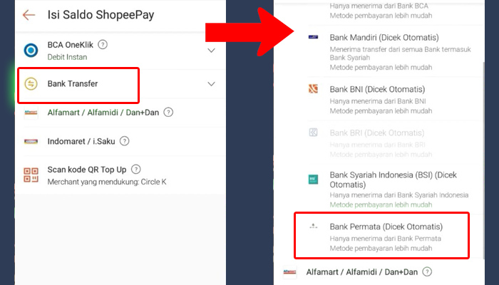 shopeepay bank transfer - bank permata