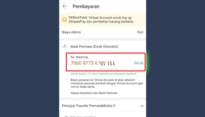 shopeepay no rekening bank permata