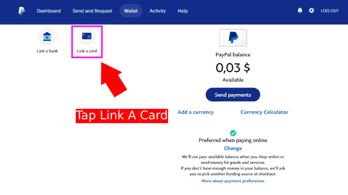 tap link a card pada menu wallet paypal