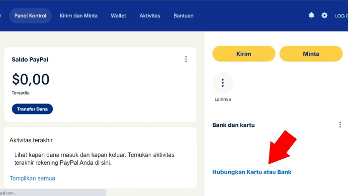 tap menu hubungkan kartu atau bank di paypal