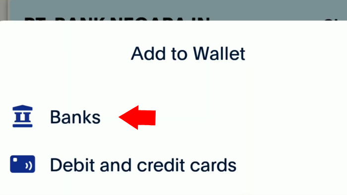 tap opsi banks pada pop up all to wallet paypal