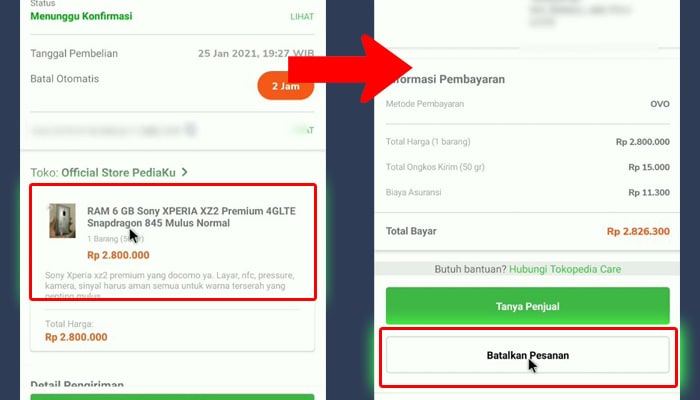 tokopedia pilih pesanan - batalkan pesanan