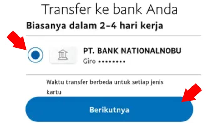 Tap rekening tujuan transfer