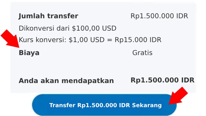 Perhatikan nilai kurs-nya dan tekan Transfer