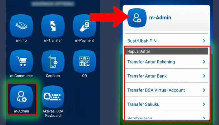 bca mobile m-admin - hapus daftar transfer