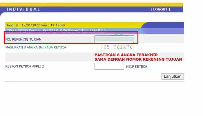 klikbca daftar rekening tujuan no rekening tujuan