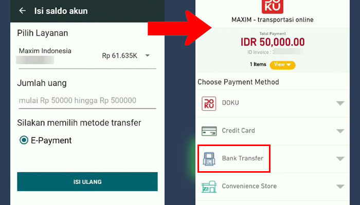 maxim isi ulang - bank transfer