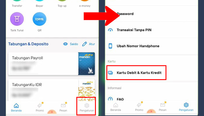 mandiri livin pengaturan - kartu debit dan kartu kredit