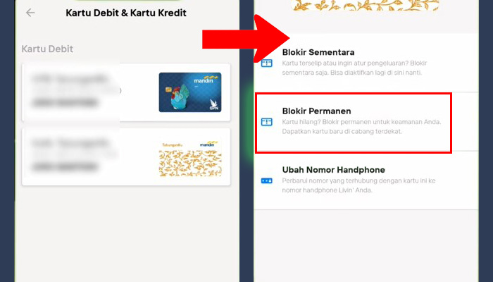 mandiri livin pilih kartu atm - blokir permanen