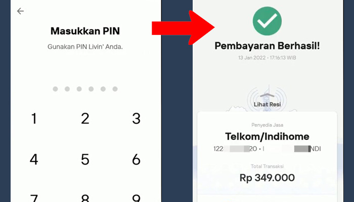 mandiri livin pin - pembayaran berhasil indihome