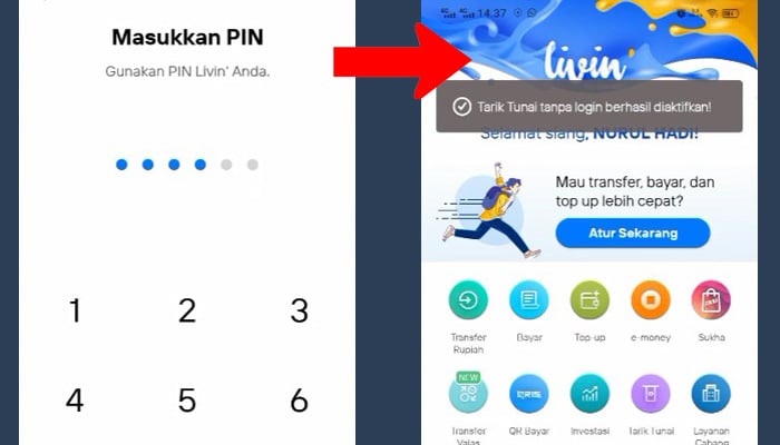 mandiri livin pin - tarik tunai tanpa kartu berhasil diaktifkan