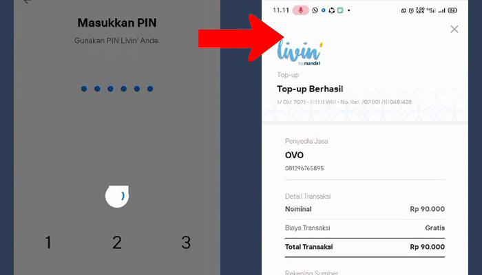 mandiri livin pin - top up ovo berhasil