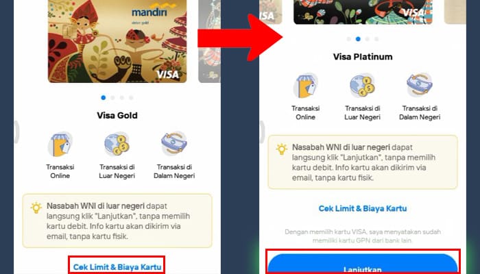 mandiri living cek limit dan biaya kartu - lanjutkan