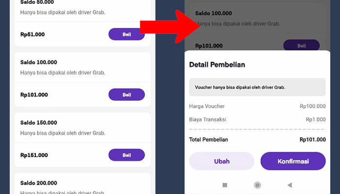 ovo saldo - detail pembelian grab driver