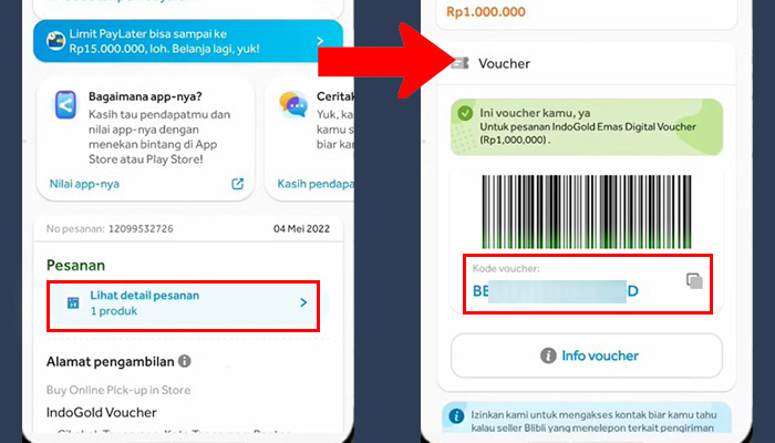 blibli lihat detail pesanan - kode voucher