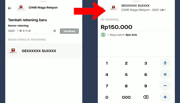 gopay cimb niaga rekpon nomor rekening - nominal