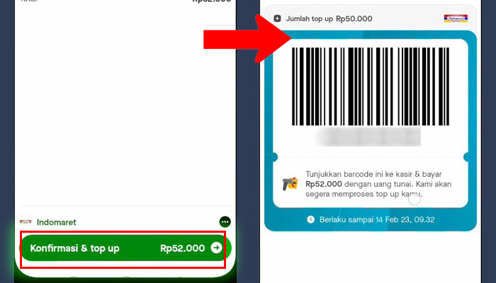 gopay konfirmasi dan top up - kode pembayaran indomaret