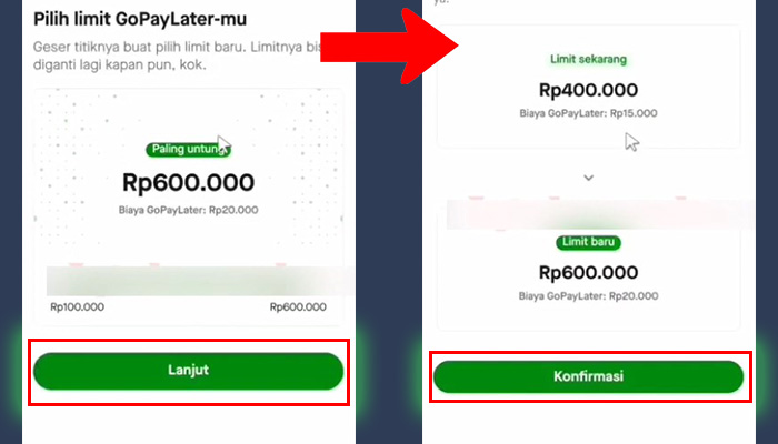 gopay later pilih limit lanjut - konfirmasi