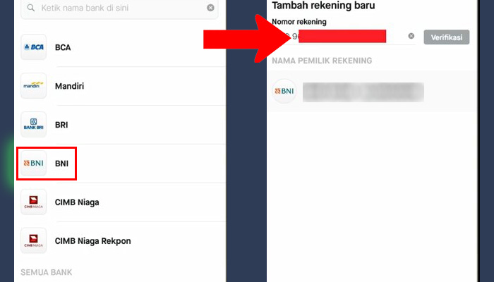 gopay tarik BNI - nomor rekening